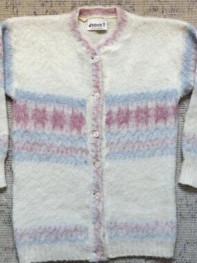 Vintage 80s Icelandic Pure New Wool Striped Fuzzy Cardigan Sweater Women's L